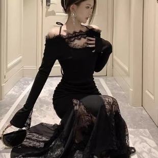 包臀裙子 连衣裙显瘦300斤春秋御姐蕾丝拼接修身 法式 一字肩超大码