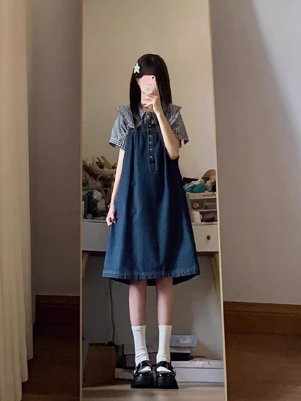 复古做旧牛仔吊带连衣裙大码夏季300斤宽松小个子减龄背带裙显瘦