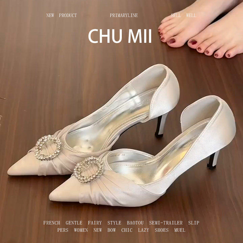 羊皮版~气质优雅水钻高跟鞋女名媛风尖头细跟单鞋高级感侧空凉鞋