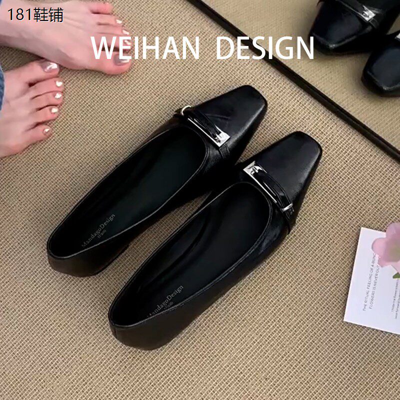 羊皮版！高级感金属扣方头浅口单鞋方头平底软底百搭配裙子晚晚鞋