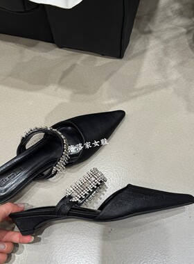 Guo Li 水钻一字带尖头穆勒鞋女低跟外穿时尚百搭包头半拖鞋女