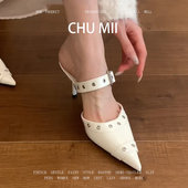 羊皮版 时髦百搭高跟鞋 千金风铆钉尖头凉鞋 女细跟性感包头半拖鞋