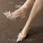 法式 温柔尖头浅口单鞋 女细跟蝴蝶结高跟鞋 羊皮版 气质後绊带凉鞋