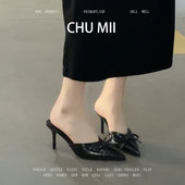 羊皮版 通勤配裙子单鞋 黑色高级感细跟半拖鞋 女尖头蝴蝶结高跟鞋