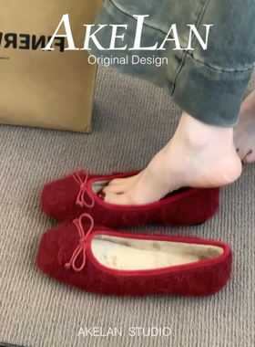 羊皮版~法式红色加绒玛丽珍鞋女秋冬毛呢棉鞋蝴蝶结方头平底单鞋