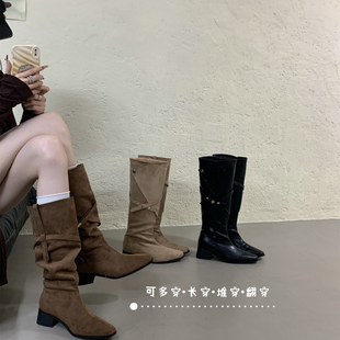 疯狂星团~复古真皮绒面高筒西部牛仔靴女不过膝内增高皮带扣长靴