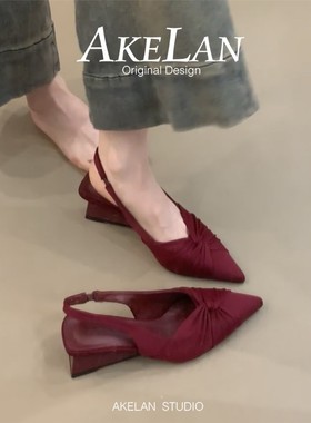 羊皮版~法式绝美红色坡跟包头凉鞋女2026年新款配裙子尖头高跟鞋