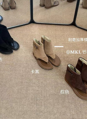 TLE MIKELIN 韩版复古风牛反绒短靴女夏季皮带扣凉靴百搭短筒靴女