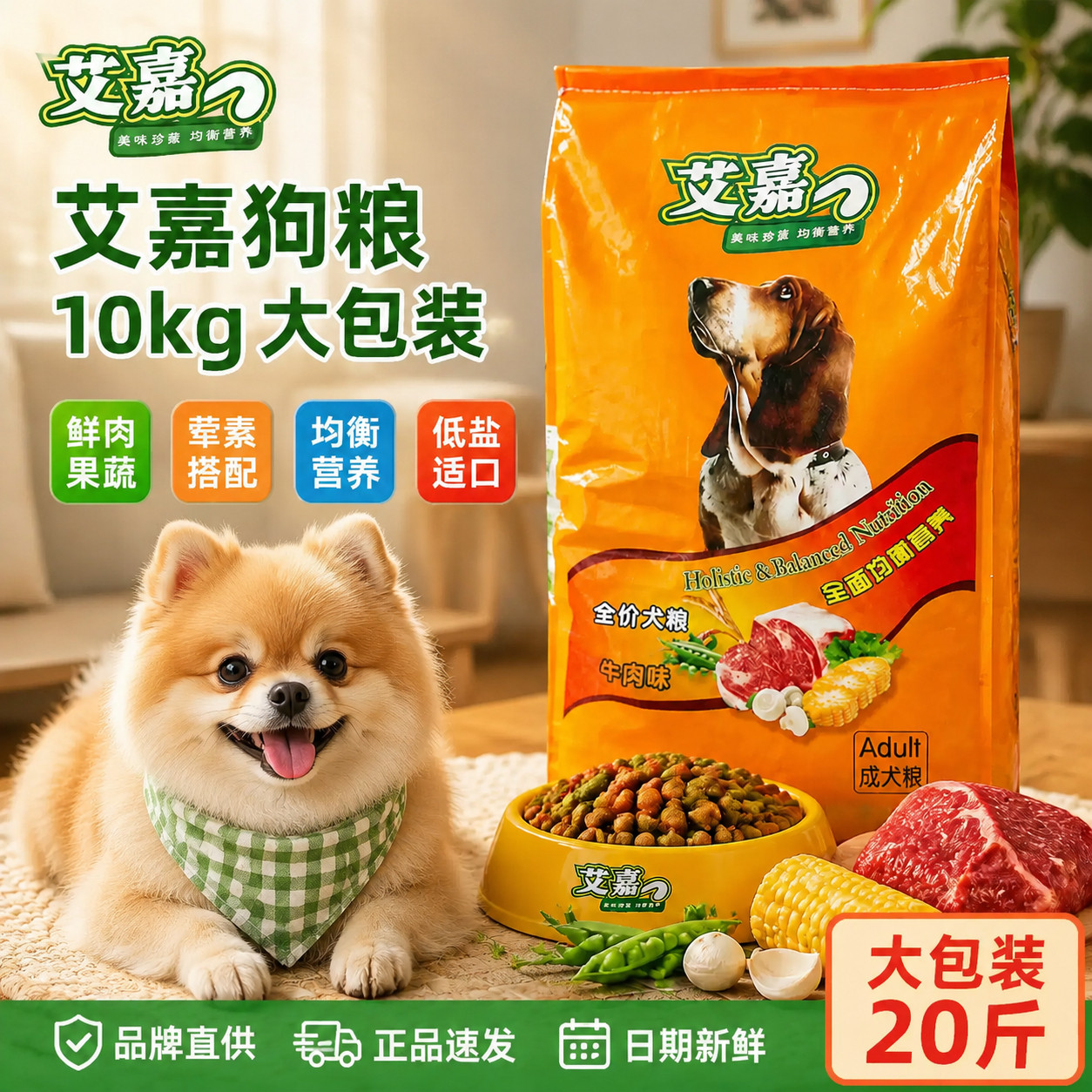 艾嘉狗粮通用型10kg成犬幼犬粮泰迪贵宾萨摩大型小型犬狗粮20斤