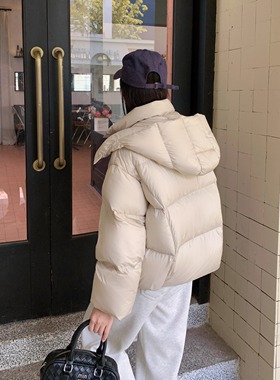 羽绒服女短款连帽2025冬季新款泡芙面包服加厚90白鹅绒小个子外套