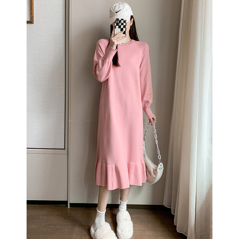 출산복 가을 겨울 니트 드레스 2024 신춘 대형 여성용 중간 길이 무릎 위 스커트 스커트 봄 착용