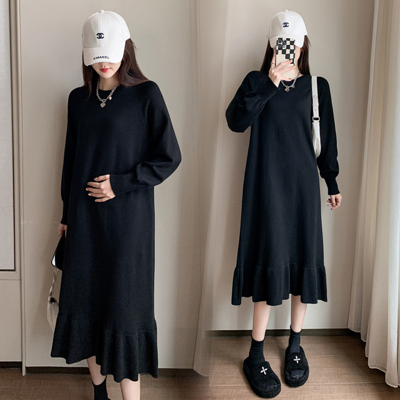 출산복 가을 겨울 니트 드레스 2024 신춘 대형 여성용 중간 길이 무릎 위 스커트 스커트 봄 착용