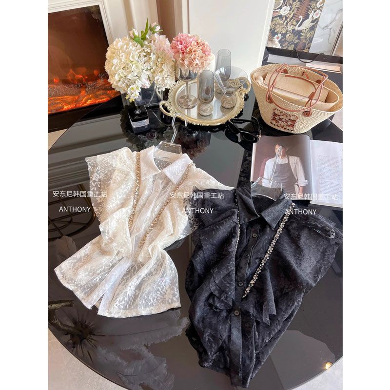 法式荷叶边飞飞袖翻领衬衫