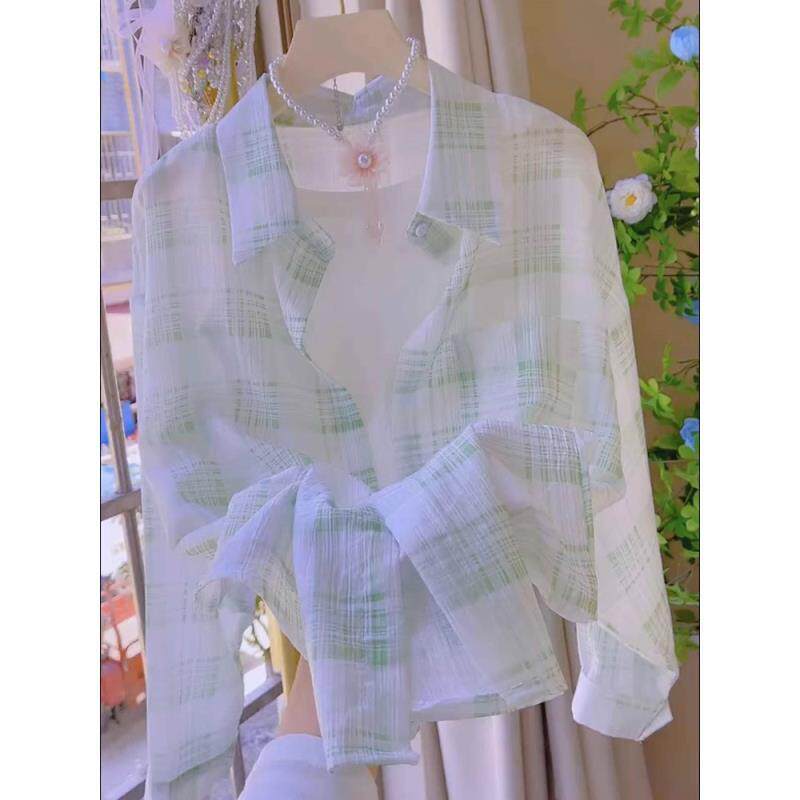 时尚甜美格子防晒衬衫女夏季2026新款设计感小众百搭薄款透气衬衣