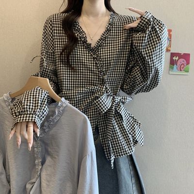 法式独特木耳边V领长袖衬衫