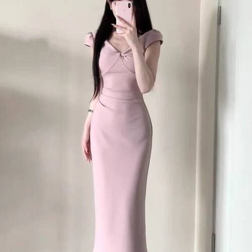 短袖扭结收腰修身包臀鱼尾连衣裙