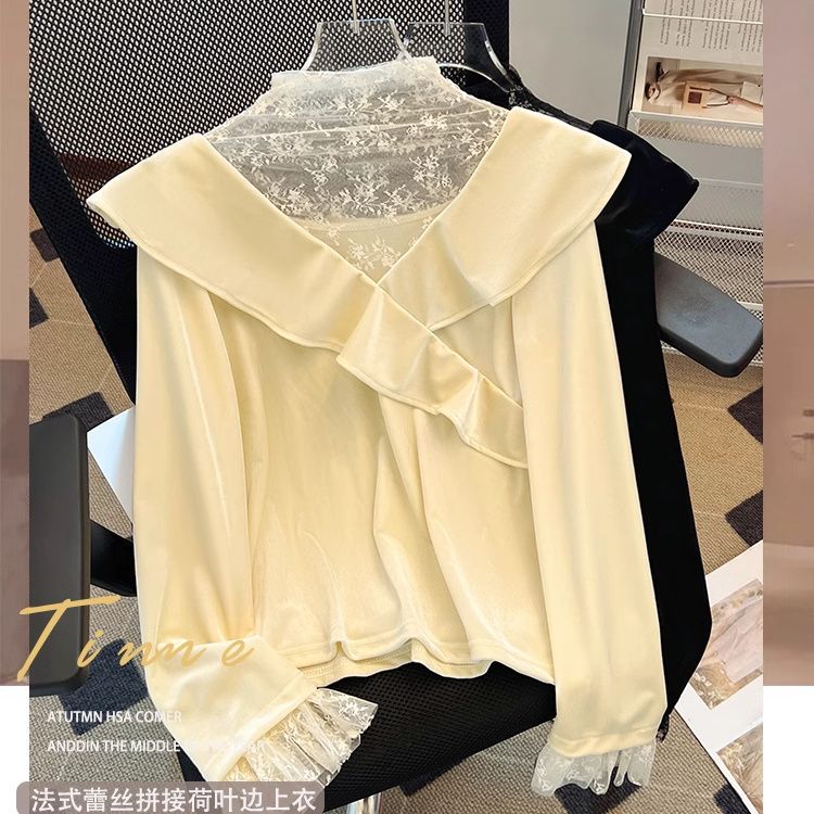 2025秋冬款复古蕾丝拼接交叉荷叶边丝绒衬衫女气质春季长袖上衣女