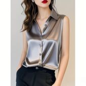 新款 高级感灰色醋酸缎面衬衫 女无袖 2025夏季 别致法式 丝绸职业衬衣