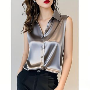 2025夏季新款高级感灰色醋酸缎面衬衫女无袖别致法式丝绸职业衬衣