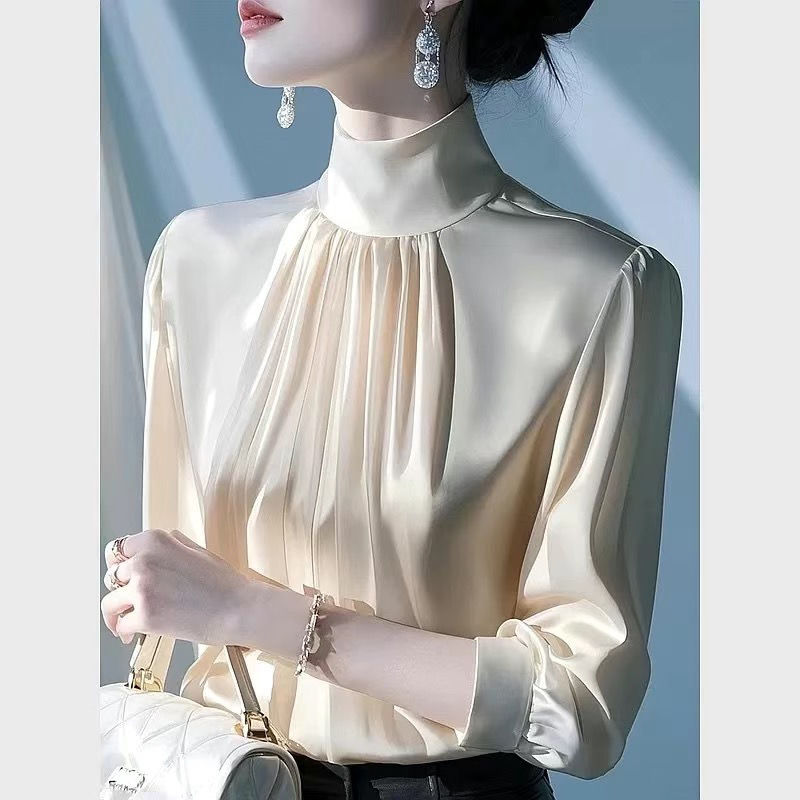 法式咖色缎面衬衫上衣女装2025春季新款高级感超好看显瘦通勤衬衣