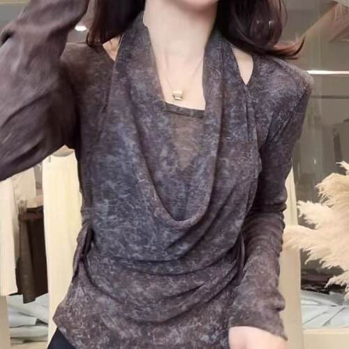 轻熟风纱网修身型挂脖长袖衬衣女