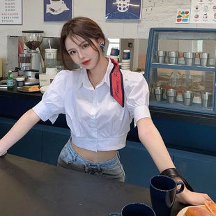 品牌折扣店女装专柜洋气雪纺短袖T恤上衣百搭短款衬衫ins
