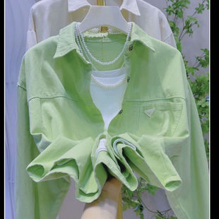 春秋季新款女士果绿色甜美减龄纯棉衬衫宽松休闲衬衣上衣短款外套