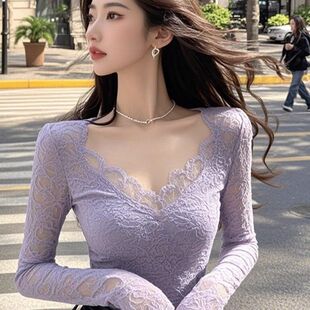 秋冬款紫色纯欲风v领蕾丝花边修身内搭显瘦打底衫女性感百搭上衣