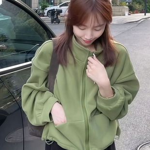 卫衣外套女抽绳下摆上衣 双面绒立领拉链短款 秋冬季 韩系休闲时尚