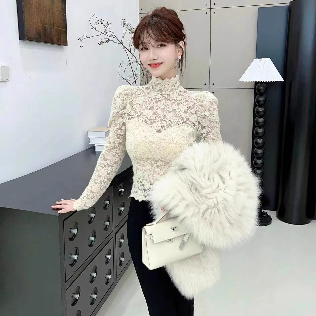 法式温柔风磨毛蕾丝高领打底衫女