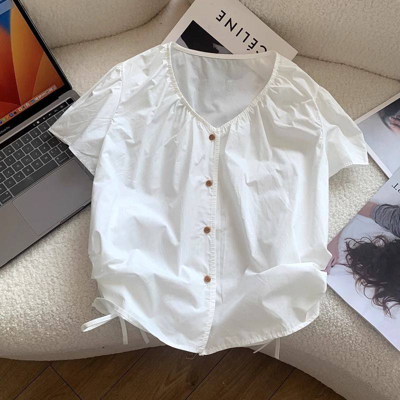 抽绳收腰衬衣圆领娃娃小衫女夏季短袖休闲宽松小个子衬衫2025白色,女装/女士精品,衬衫,淘宝优惠券,粉丝福利购,淘宝优惠卷