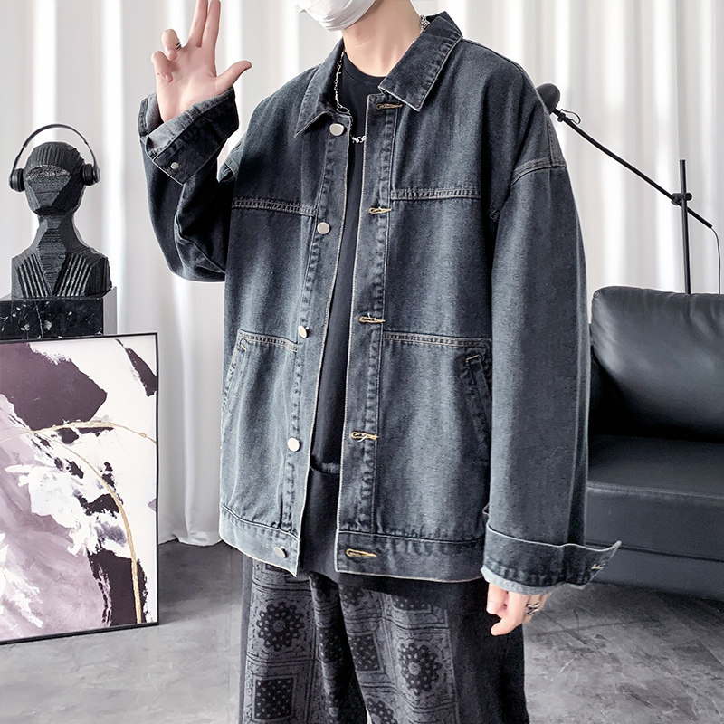 2021年港风斜口袋男士牛仔外套宽松日系水洗复古牛仔衣,男装夹克,星座1006