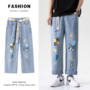 2021春季新品牛仔裤男嘻哈印花宽松潮流牛仔裤男图片