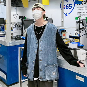 2021秋季新款牛仔马甲男宽松痞帅个性ins潮流复古大口袋M02图片