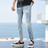 2021新款夏装破洞牛仔裤潮男九分裤韩版休闲乞丐裤子男K105-P45，男装牛仔裤，星座1006