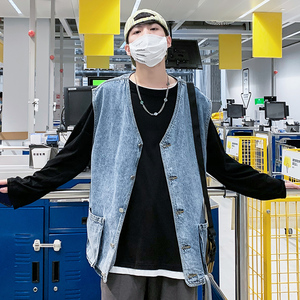 2021秋季新款牛仔马甲男宽松痞帅个性ins潮流复古大口袋M02图片