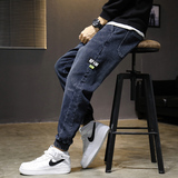 主推百叶窗弹力牛仔裤宽松拼接印花哈伦裤束脚9分裤潮男，男装牛仔裤，星座1006