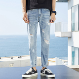 2021新款夏装破洞牛仔裤潮男九分裤韩版休闲乞丐裤子男K105-P45，男装牛仔裤，星座1006