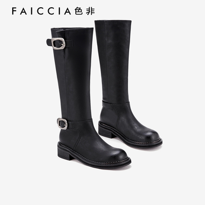 色非复古潮流显瘦骑士靴女2025年冬季新款棕色皮带扣圆头长筒靴女