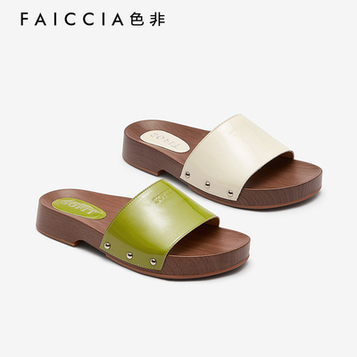 色非拼色露趾平底外穿真皮凉拖鞋2025夏新款木纹底铆钉一字拖鞋女