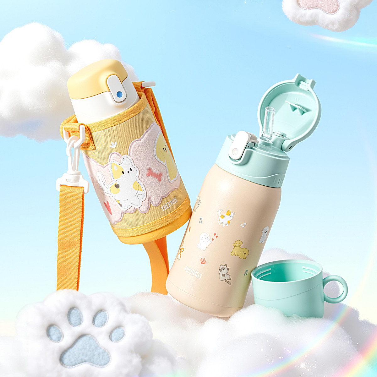 膳魔师儿童保温杯宝宝吸管杯直饮杯双盖上学专用大容量便携式水杯