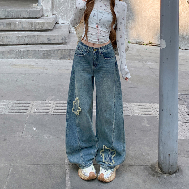 拾蓝美式高腰阔腿牛仔裤女春秋