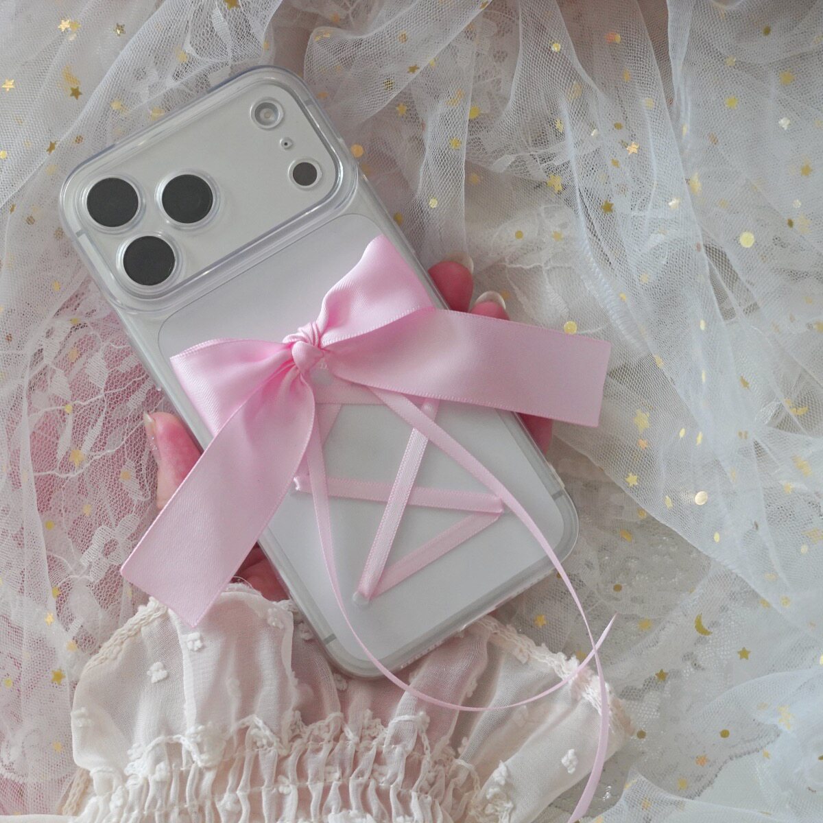 原创少女心蝴蝶结手机壳苹果透明防摔粉色丝带装饰适用于iphone17maxpro