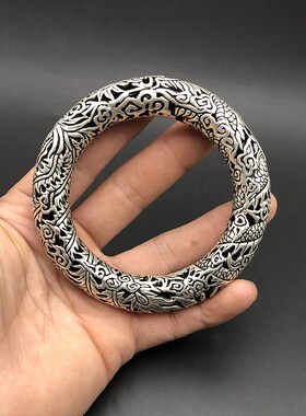 贵州少数民族镂空龙凤手镯首饰民族风纯手工苗银空心粗圆手环男女
