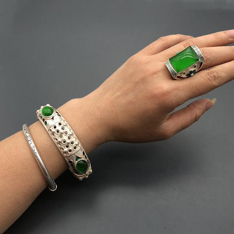 民族风百搭苗银镂空手镯女森系简约复古仿老银玉石空心镯子戒指