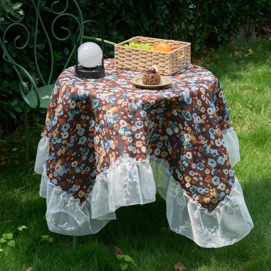 伊缦琪韵布艺桌布蕾丝荷叶边中式复古红色提花婚庆装饰茶几盖布