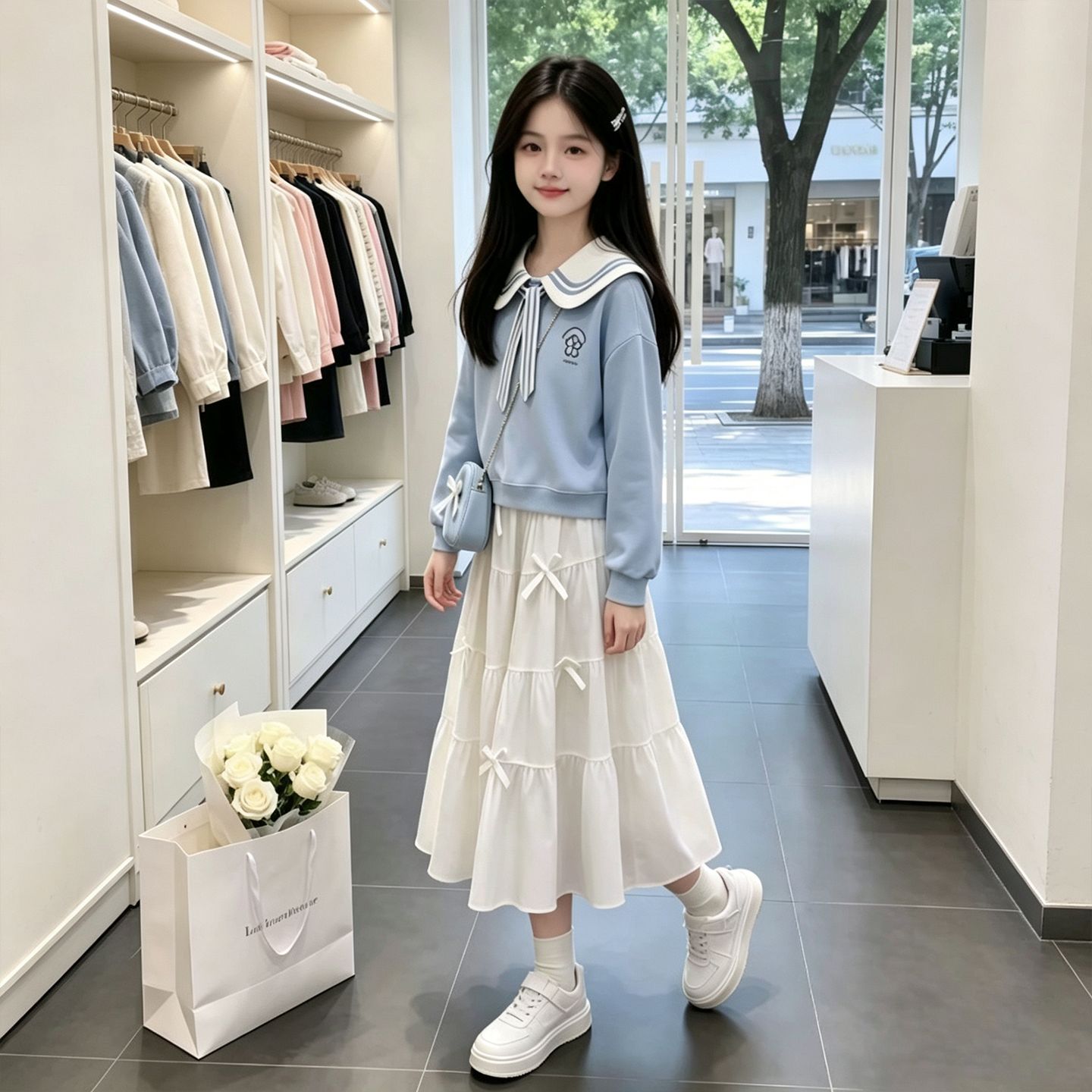 女童海军领卫衣半身裙套装春秋