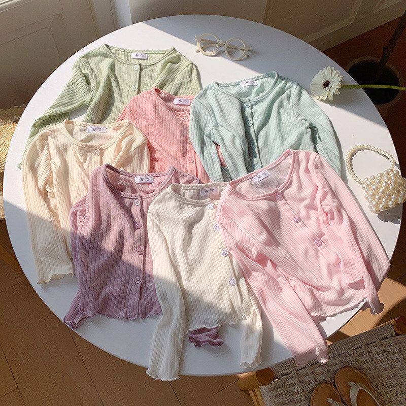 女童坑条夏季针织开衫2026新款糖果色长袖防晒衣洋气空调衫打底衫