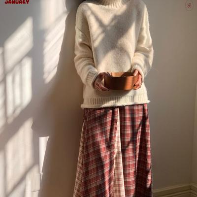 复古红白格纹拼色不规则半身裙