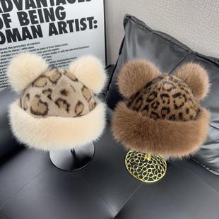 复古豹纹毛绒蒙古帽子女秋冬可爱小熊耳朵加厚保暖仿皮草护耳盆帽